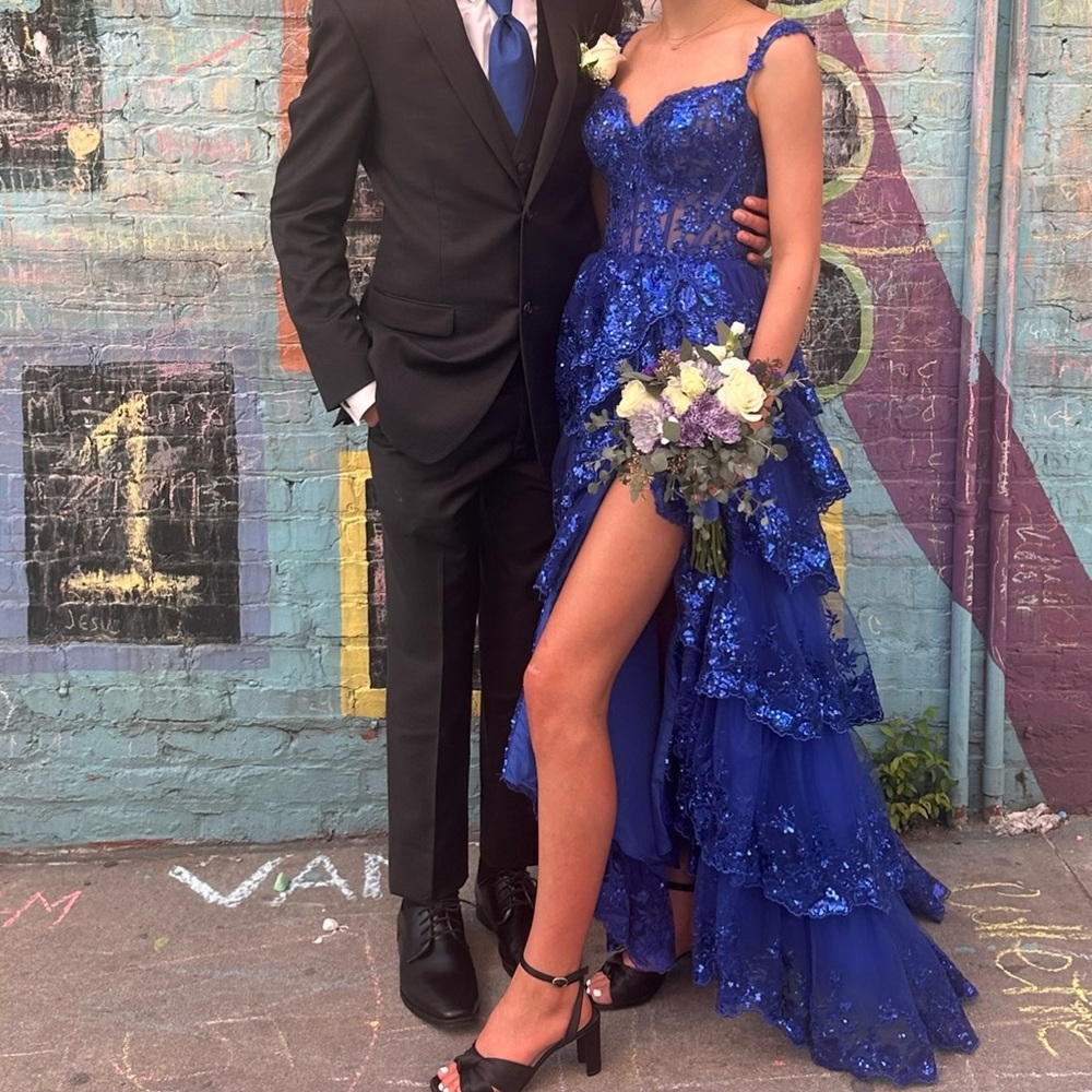 Stunning Blue Sequin Gown with High Slit